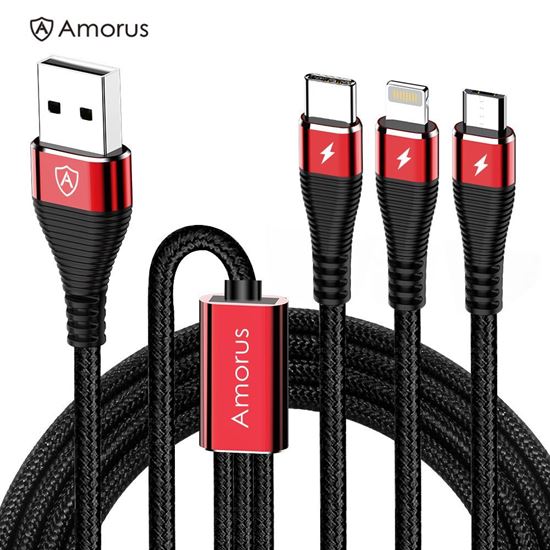 Picture of AMORUS 1.2m 3-in-1 Lightning 8 Pin + Micro USB + Type-C Charge Cable - Black / Red