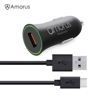 Picture of AMORUS QC3.0 Quick Charge Car Charger + Type-C Cable Charging Kit for Samsung S8/S8+/ Huawei 6P etc - Black