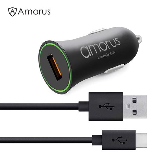 Picture of AMORUS QC3.0 Quick Charge Car Charger + Type-C Cable Charging Kit for Samsung S8/S8+/ Huawei 6P etc - Black